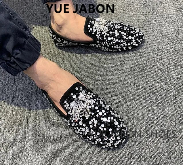 Visco New Fashion Men Rhinestone Shoes British Men's Flats Smoking Slippers Men Loafers Dress Shoes Black Casual Shoes Gladiator Mens