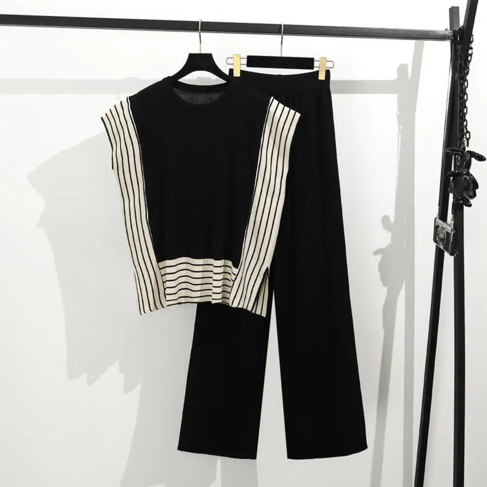 Maxy Women Top Pants Set Striped Knitted Two-piece Set for Women Top High Waist Pants Contrast Colors Homewear Outfit Women Two-piece