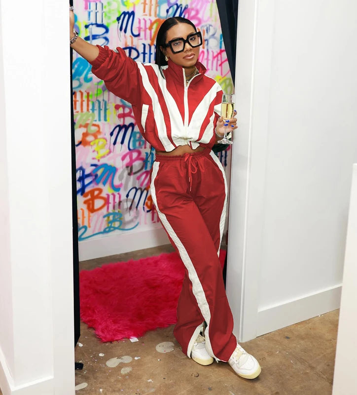 Casual Womens Set Zipper Jacket and Jogger High Waist Flared Pant Suit 2025 Fall Street Fashion Tracksuit Gym 2 Two Piece Sets