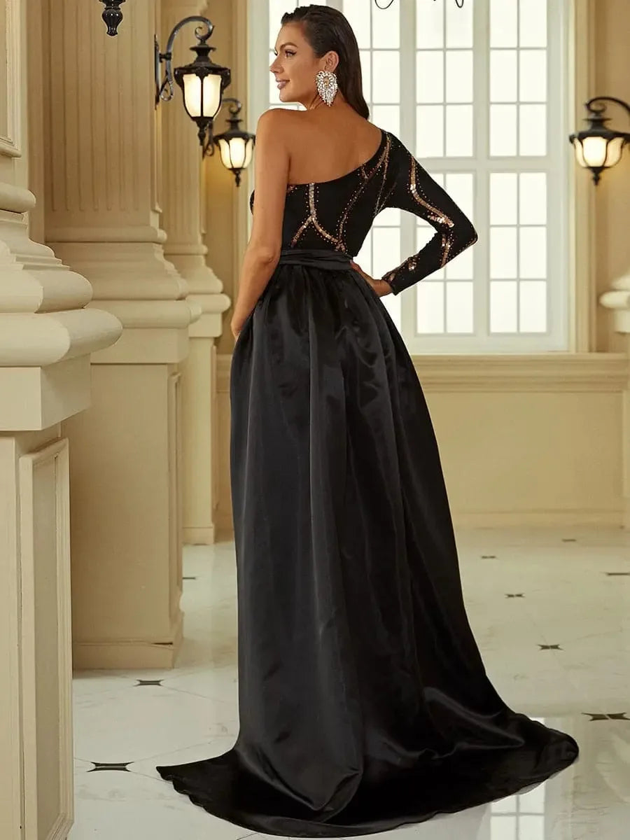 Maxy Delicate One Shoulder Sequins Evening Party Dress for Women Elegant Long Sleeve Open Back Host Prom Swing Dress Floor Length