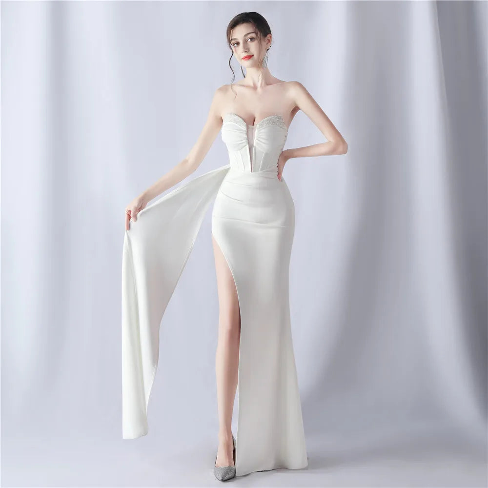 Maxy Stripless High Slit Backless Shaped Fishbone Waist Covering Heavy Industry Beaded High-End Long Prom Evening Dress