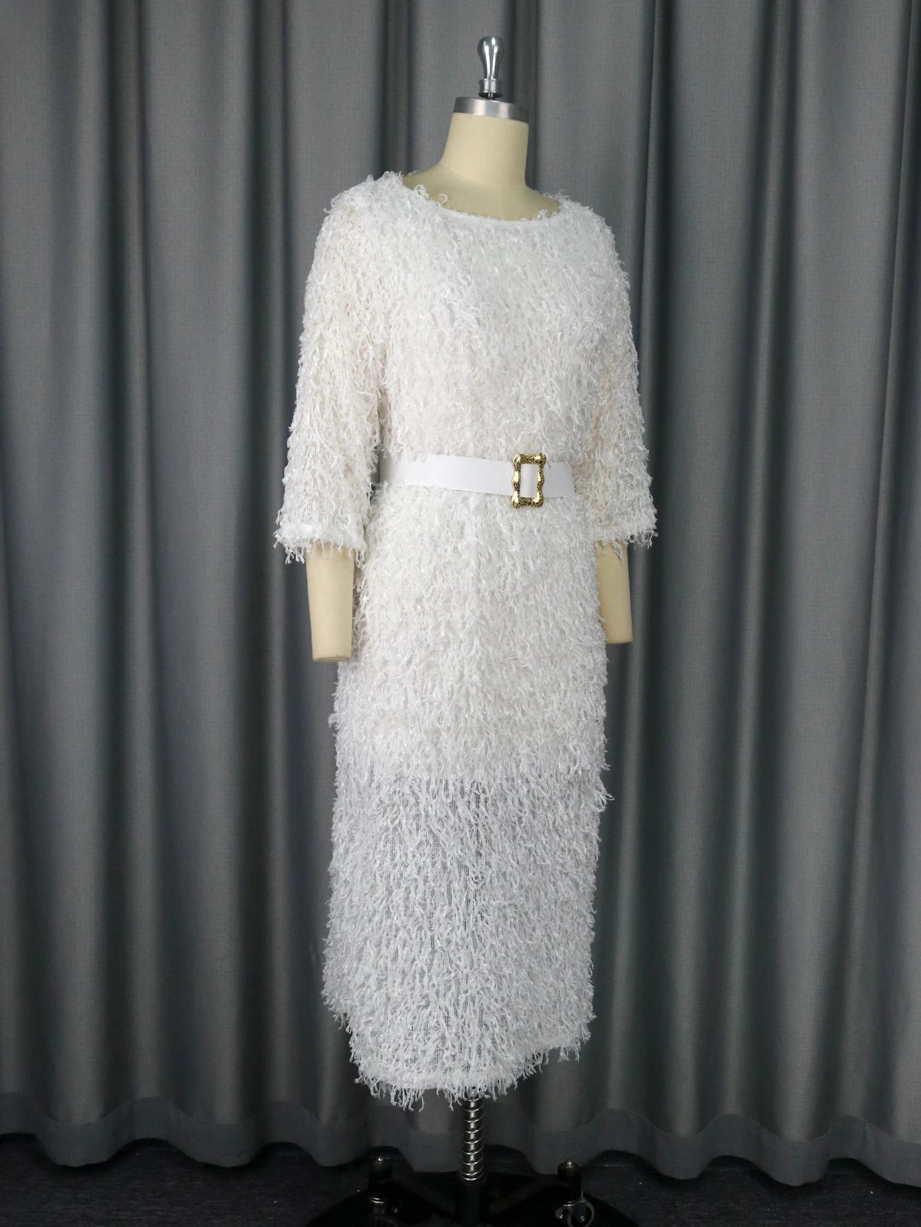 Maxy Women White Fur Dresses 3/4 Sleeves Tassel Elegant Fluffy Midi Dress with Belt Fall Winter Luxury Party Club Night Gowns