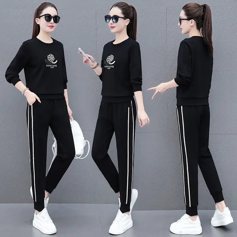 Zay Women's Round Necked Sports Suit Spring And Autumn New Fashion Korean Long Sleeve Crop Top And Pants 2 Two Piece Set For Women