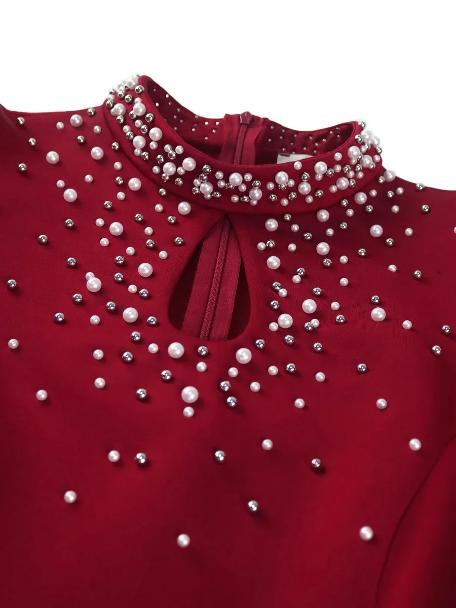 Maxy Customized Wedding Guest Dresses for Women Party Mock Neck Beads Ruffle Short Sleeve Birthday Elegant Summer Homecoming Prom Eve