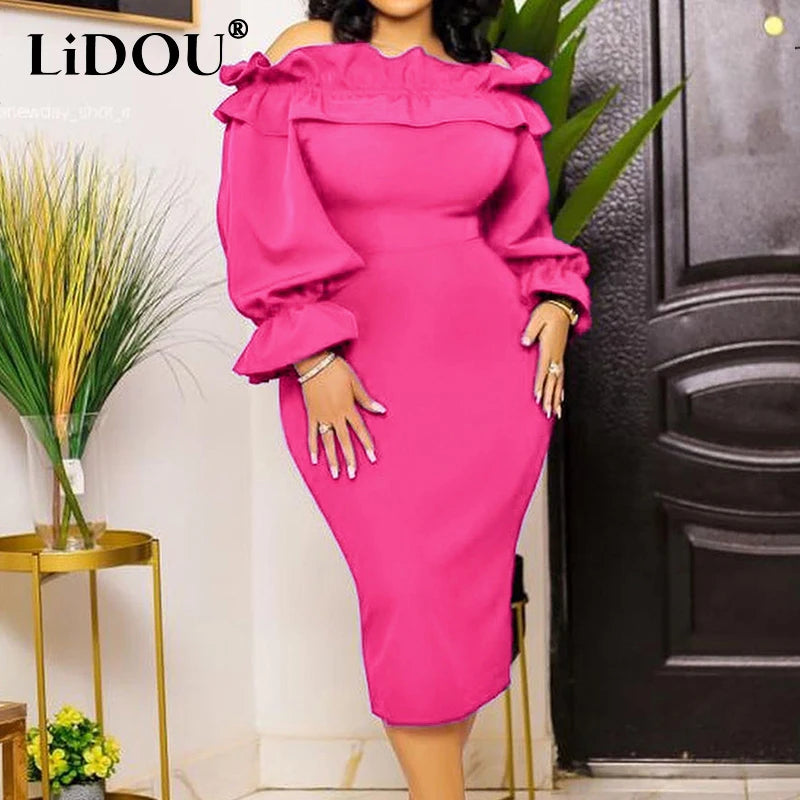 Maxy Autumn Off Shoulder Sexy One Word Collar Plus Size Hip Package Dress Ruffles Patchwork Puff Long Sleeve Solid Vestidos De Fiesta