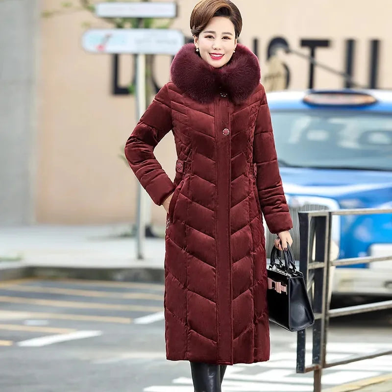 Maxy Long Mom's Winter Parka Quilted Elegant Luxurious Golden Velvet Down Cotton Coat Middle-aged Elderly Women's Thick Warm Jacket