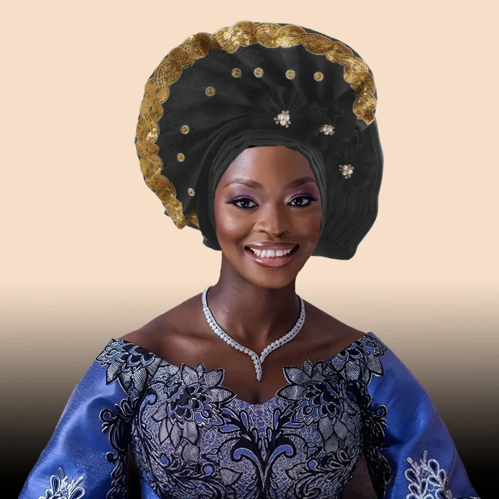 Maxy Beaded Turban Cap for Women Wedding Headwear Auto Gele Aso Oke Headties Hijab Bonnet Head Wrap Hat Nigeria Headgear