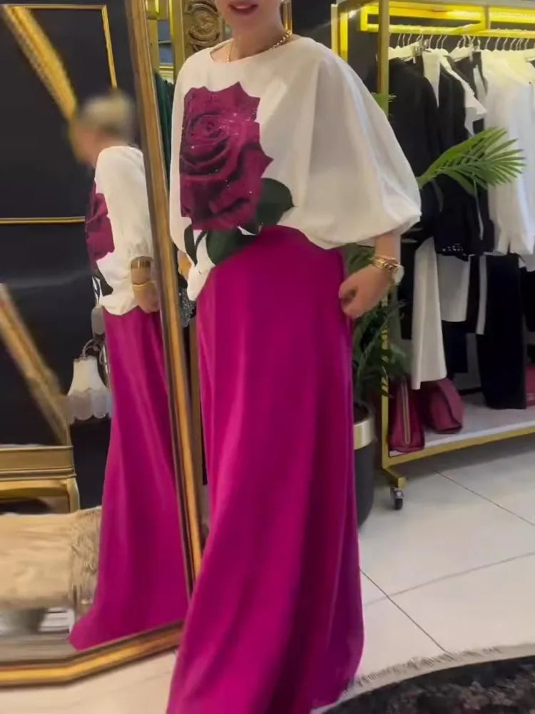Maxy Casual Long Sleeve T-shirt Dress Set Office Lady Spring Summer Loose Print Tops Solid Skirt Two Piece Set Women Outfit