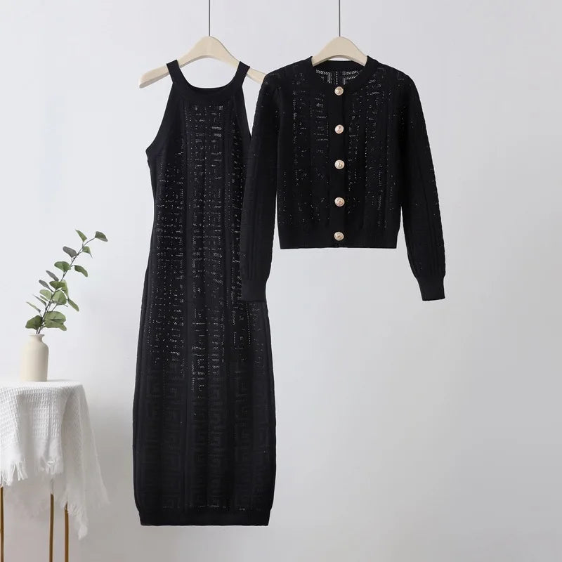 Maxy Knitted Fall Winter Warm Women 2 Piece Sets O-neck Single Breasted Cardigan Coats Tops Conjunto Korea Sleeveless Dresses Outfit