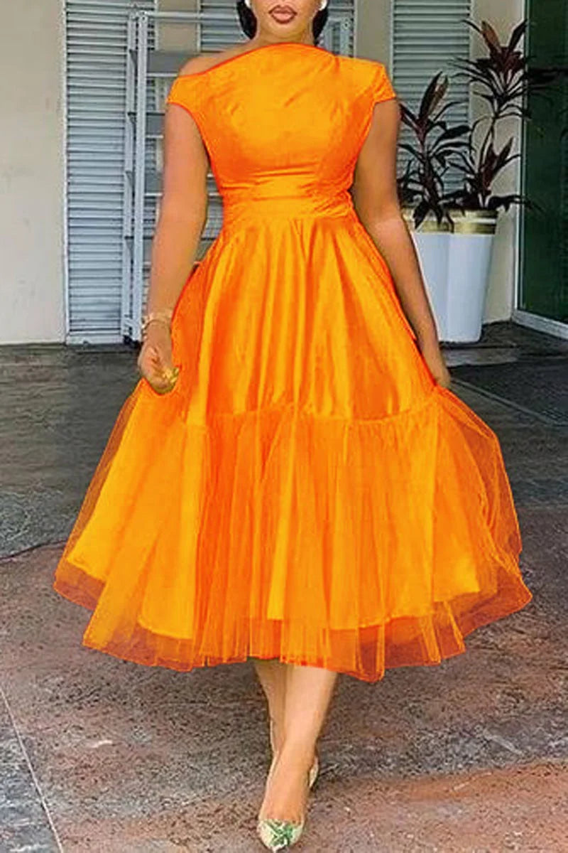 Maxy Plus Size Elegant A-line Tulle Midi Dress for Women Off The Shoulder Party Club Wedding Guest Prom Dresses Midwaist Dress