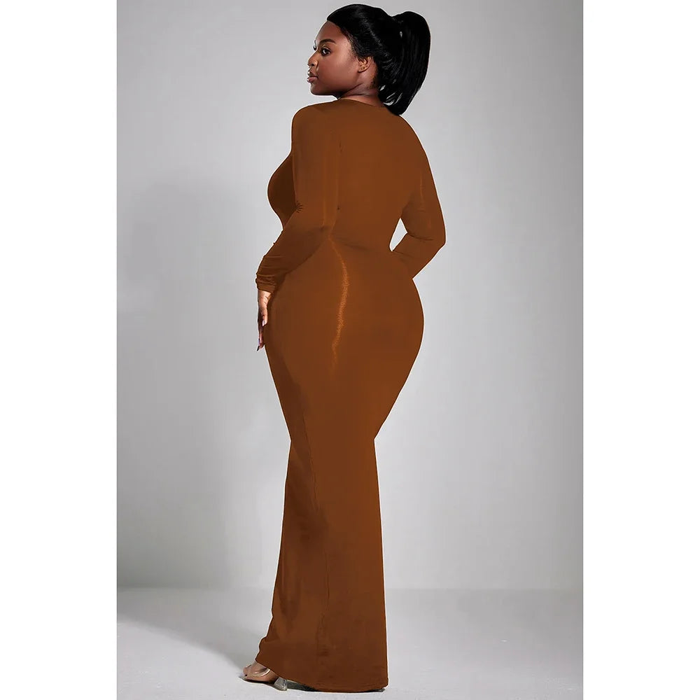 Amay Plus Size Casual Dress Black Solid Round-Neck Long Sleeve Knitted Slim Fit Maxy Dress