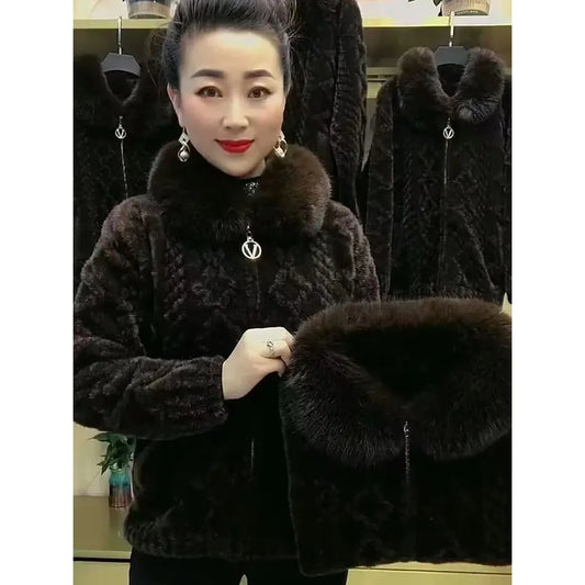 Maxy Mother Winter Jacket Thicken Imitation Mink Velvet Woolen Coat Fashion Fur Collar Large Size Zipper Knitted Cardigan Sweater 5XL