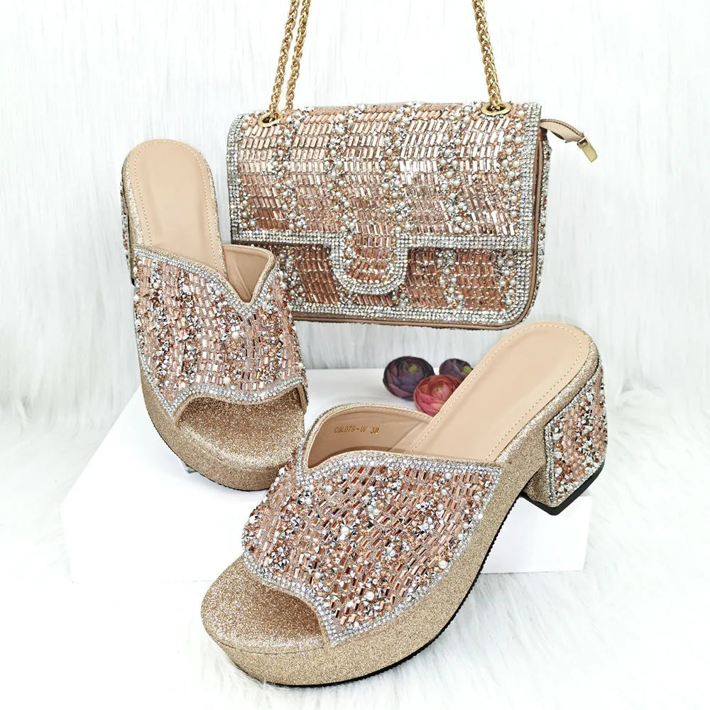 Maxy Design Summer Rhinestone Woman Shoes and Purse Set for Party African Elegant Pumps Slipper And Bag Matching Set