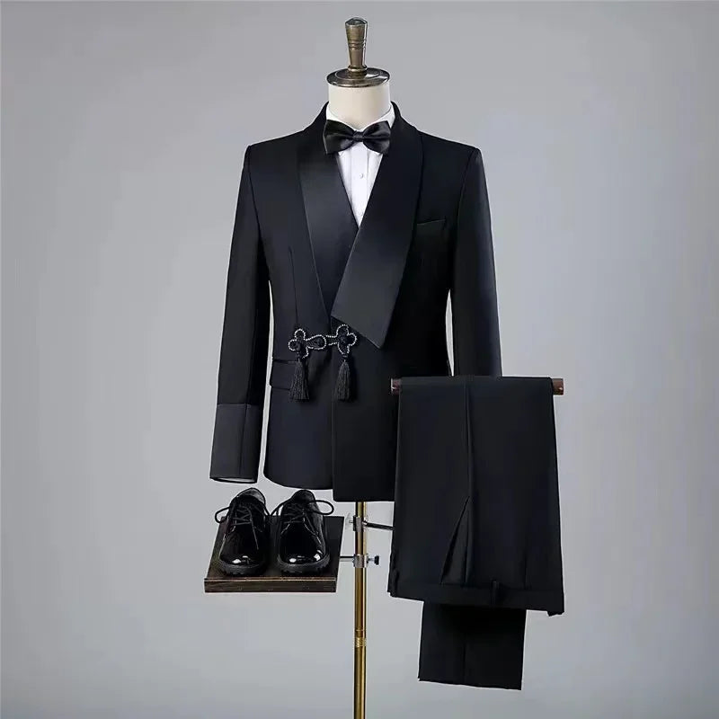 Amay Luxury Alegent Custom Black Suit for Men High Quality Wedding Formal Groom Party Fashion Tuxedos 2 Piece Set Blazers Pants