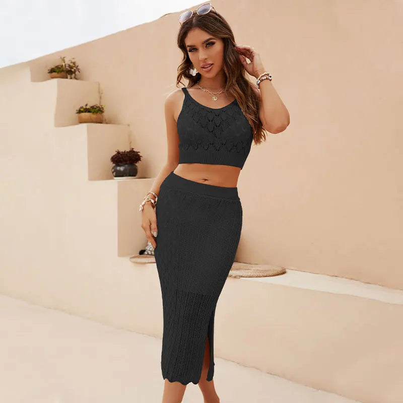 Maxy Split Long Dress sets for Women New Knitted Women's Solid Color Diamond Checker Stripe Two Piece Set Hollow out Small Tank Top