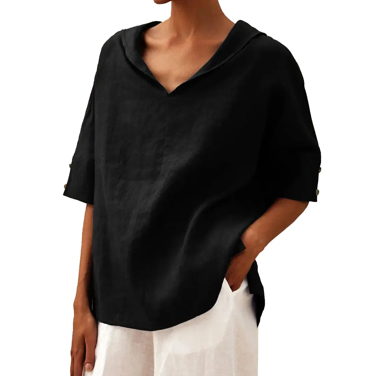 Maxy Women's Loose V-Neck Cotton Linen Shirt, Casual Elegant Summer Blouse Office Wear