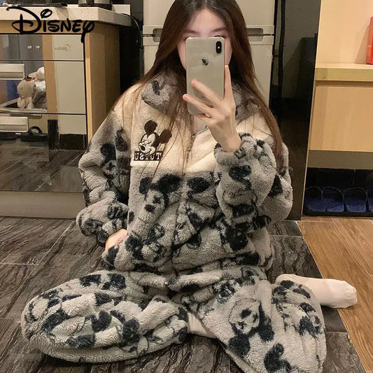 Maxy Disney Mickey Mouse Women's Autumn Winter Sleepwear Coral Fleece Thickened New Home Suit Set Korean Style Y2k Sweet Girl Pajamas