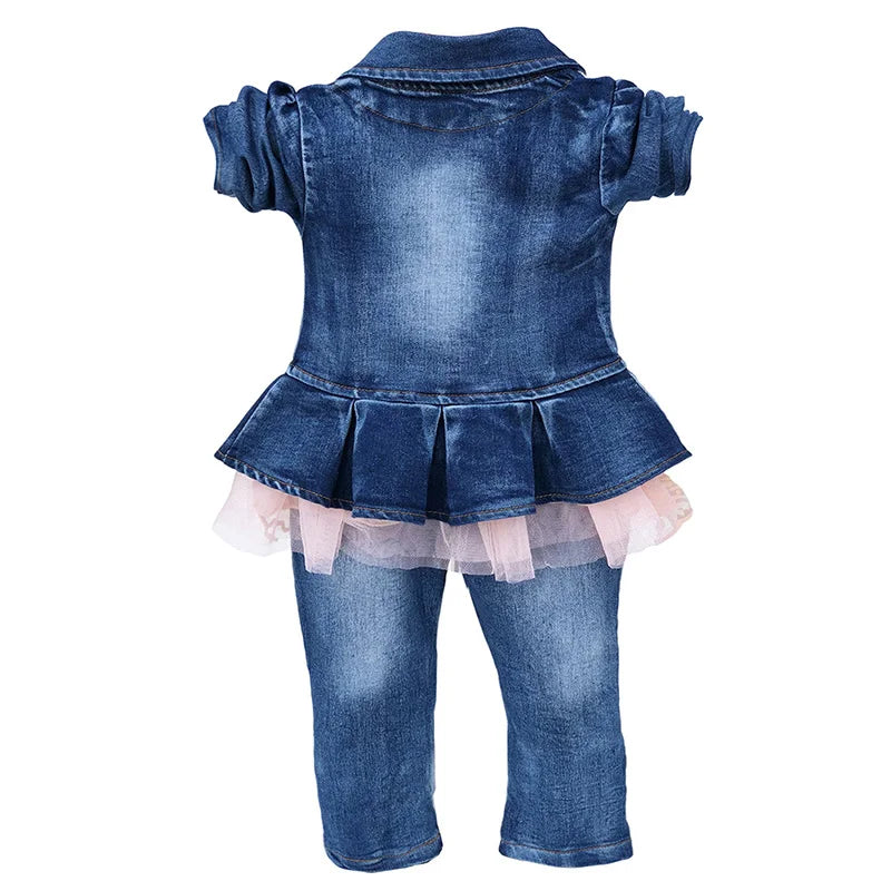 Maxy Spring Autumn Infant Baby Girl Denim Clothing Sets 3 pcs Long Sleeve T Shirt Dress Tops Denim Jacket and Jeans Trousers Pants