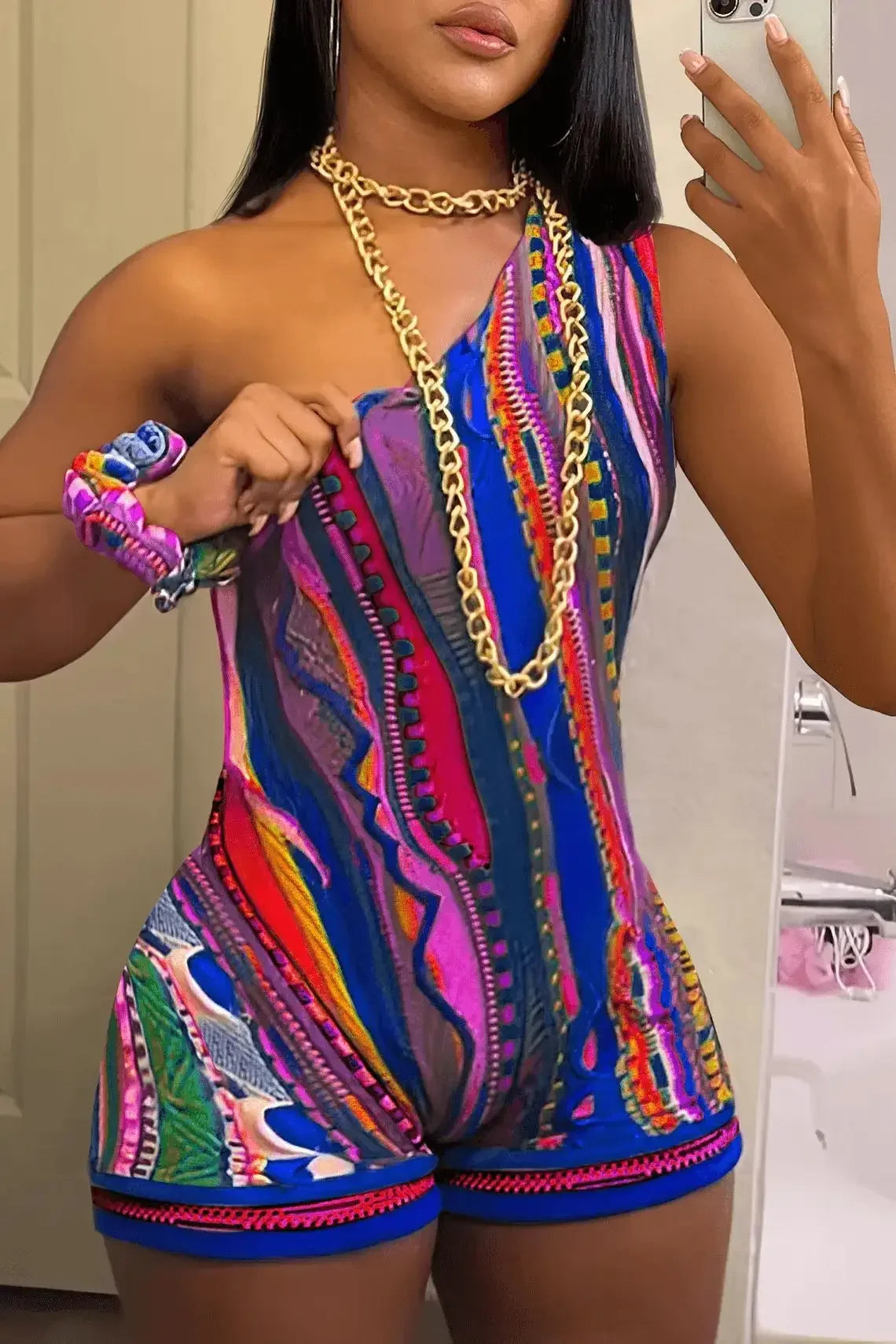 Maxy Striped Paisley Print Women's Set One Shoulder Tank Top and Shorts 2024 Summer Fashion Two 2 Piece Set Outfits Tracksuit