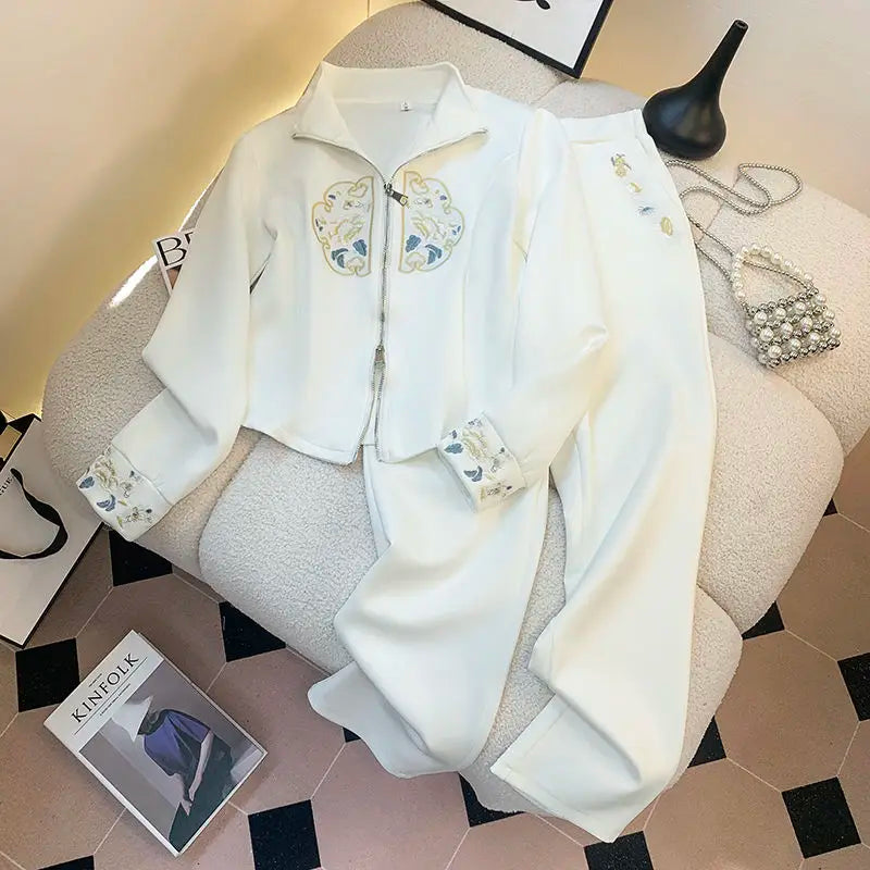 Babs Office Lady Blazer Suits Vintage Two Piece Set Women Long Sleeve Short Blazer + High Waist Wide Leg Long Pants 2 Piece Outfits