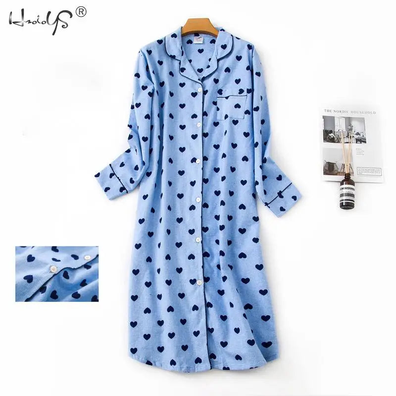 Maxy Ladies 100% Cotton Nightgown Plus Size Nightdress Long-sleeved Flannel Plaid Print Women Sleepwear Nightshirt Button UP Nightie