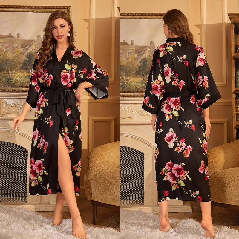 Maxy Japanese Style Half Sleeve Kimono Bathrobe Gown Female Long Robe Nightgown Sleepwear Loose Satin Print Flower Home Dressing Gown