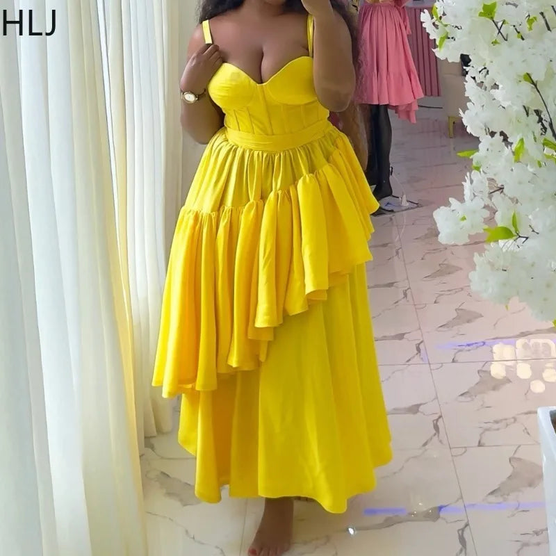 Amay Sexy Bow Ruffles Patchwork Long Dresses Women Spaghetti Strap Sleeveless Backless Maxy Dress Female Clubwear