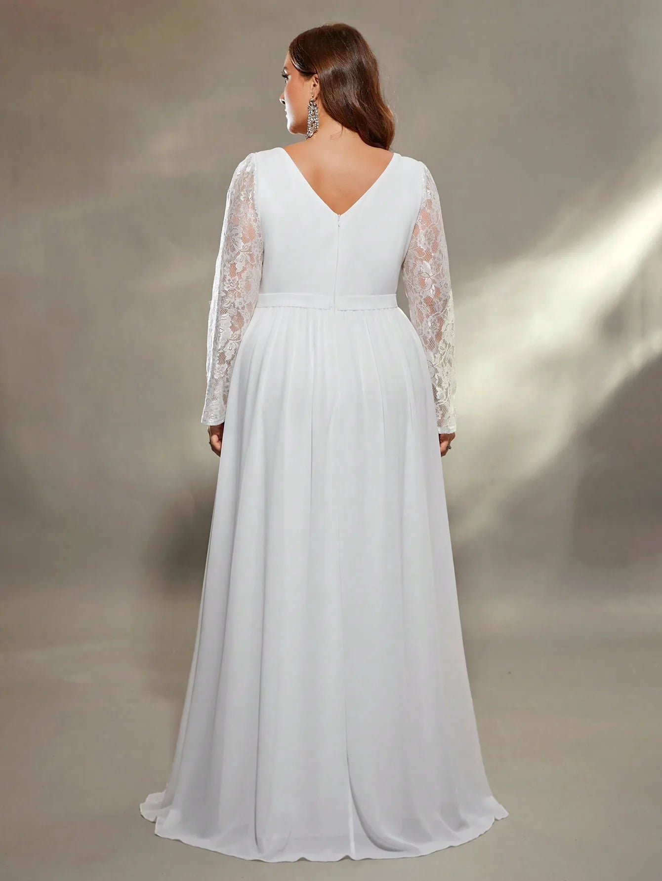 Maxy Mgiacy plus size  Deep V shoulder lace long sleeve chest pleated chiffon wedding dress A full skirt Evening gown Ball dress