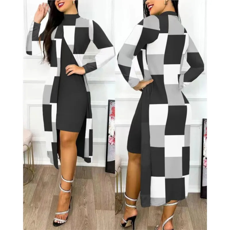 Maxy Two Piece Set Women Print Dresses Sets Full Sleeve Half High Collar Split Cardigan Dress Suits Elegant A Line Office Lady