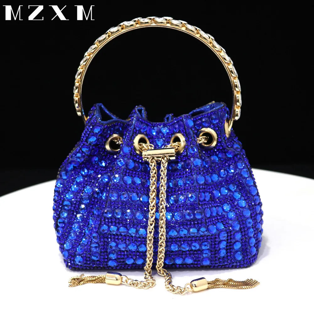 Maxy New Rhinestones Women Evening Bags Bucket Design Party Day Clutch Soft Mixed Color Shoulder Chain Handbags Purse