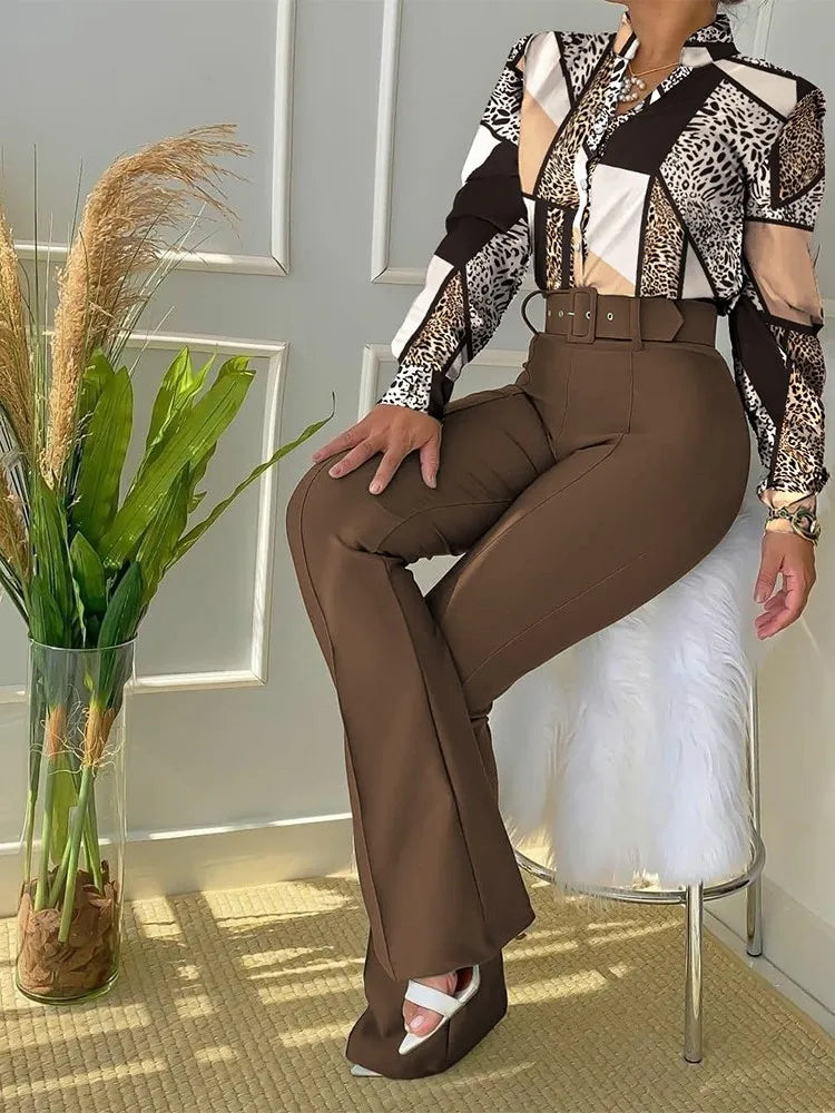 Maxy Casual Women's Two-Piece Sets Fall/winter Fashion Floral Print Stand Neck Long Sleeve Shirt & Wide Leg Pants 2pcs Set With Belts