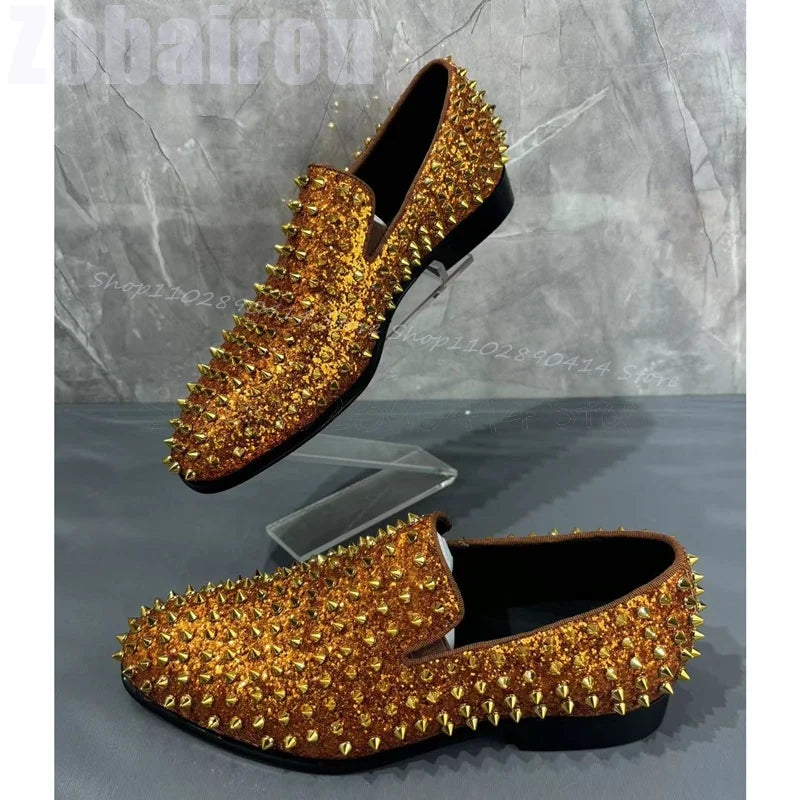 Maxy Gold Glitter Spikes Decor Low Top Loafers Fashion Slip On Men Shoes Luxury Handmade Party Banquet Office Dating Men Dress Shoes