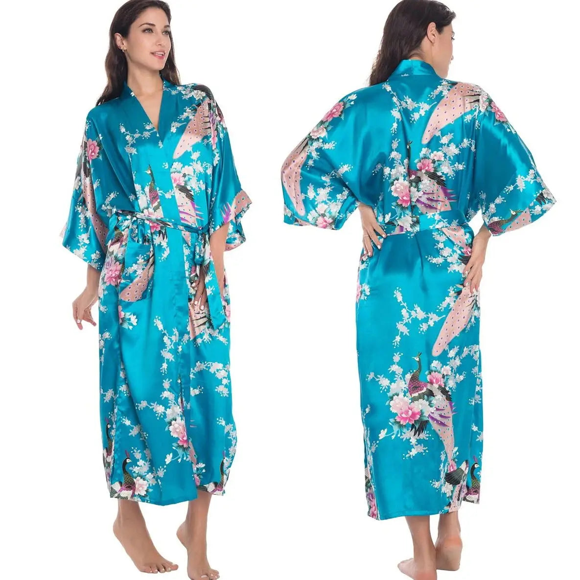 Maxy Japanese Style Half Sleeve Kimono Bathrobe Gown Female Long Robe Nightgown Sleepwear Loose Satin Print Flower Home Dressing Gown