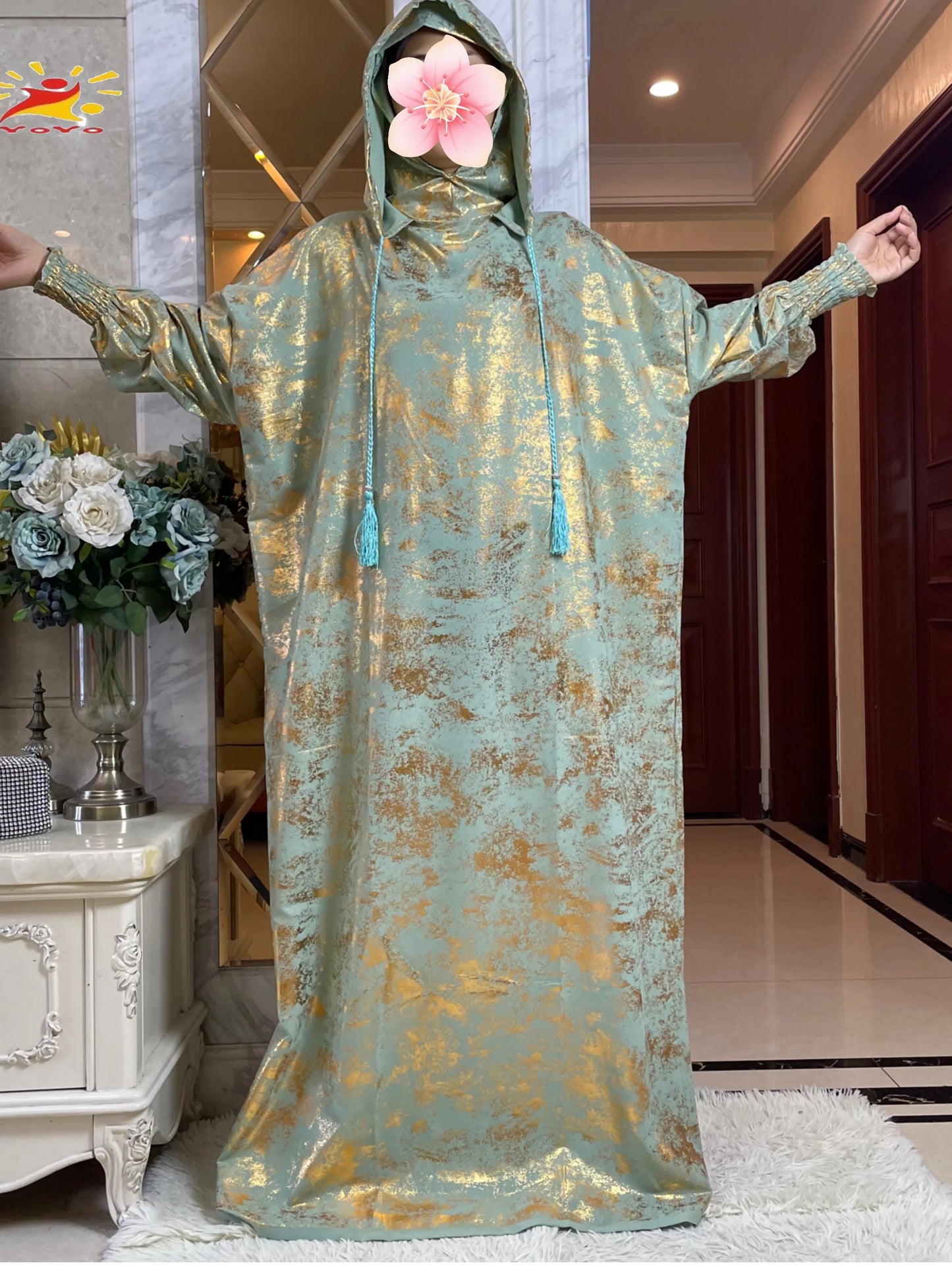 Maxy New Cotton Ramadan Muslim Two-Hat Abaya Dubai Turkey Islam Prayer Clothes Gold Dust   Dress Islam Women Dress Kaftan