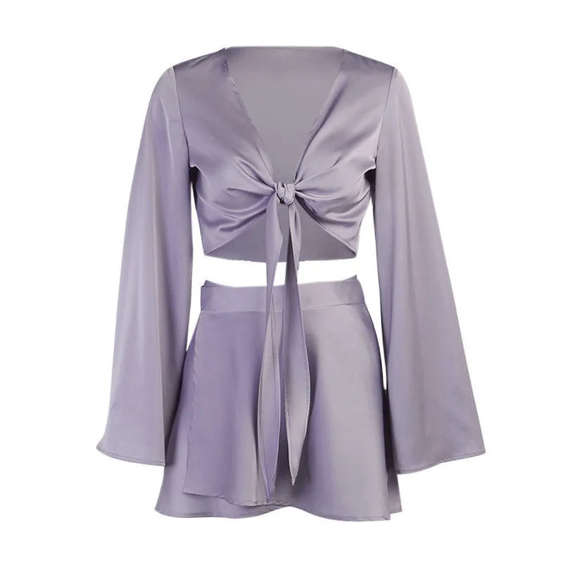 Maxy Sexy Y2k Two Piece Set Women Autumn White Lantern Long Sleeve Crop Cardigan Tops Elegant  Suits Lace Up Wrap Sexy Mini Skirts
