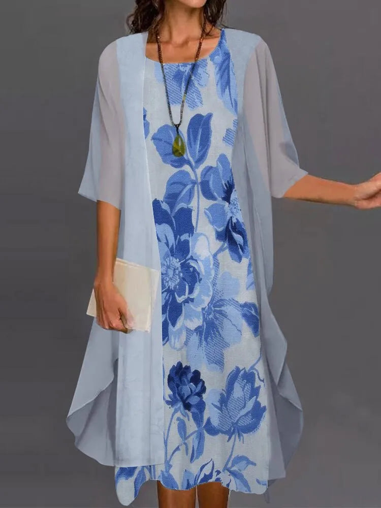 Maxy Summer Elegant Dress Two-piece Set Women Fashion Floral Print Dress For Women Casual Long Cardigan Coat Sun Protection Shirt
