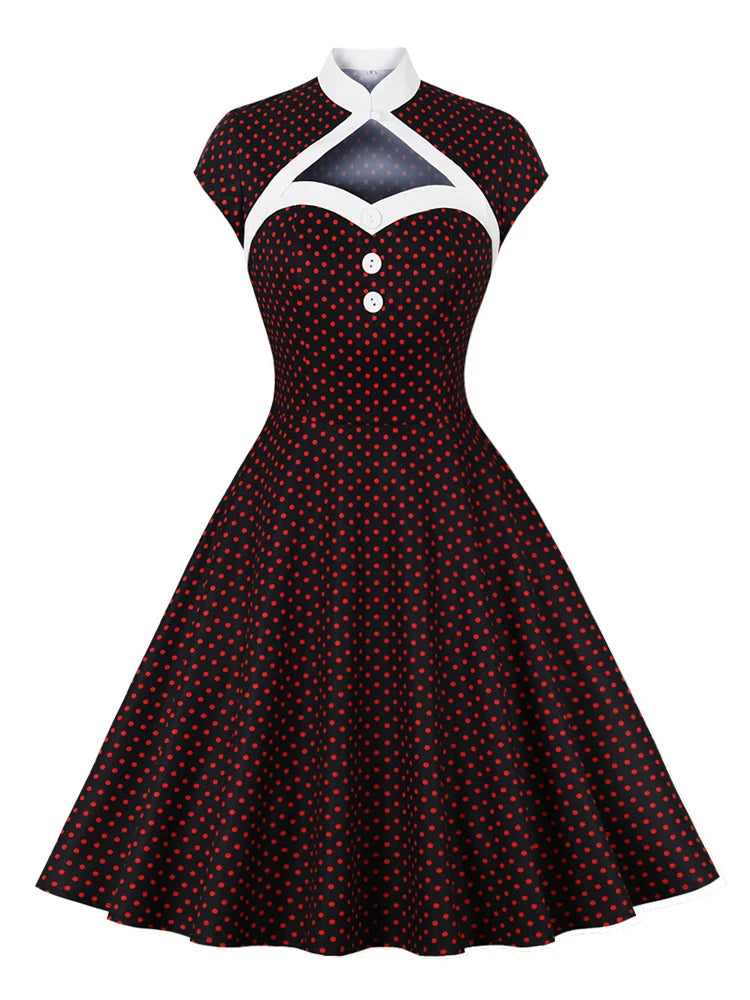 Maxy Toval Stand Collar Hollow Out Front Button Evening Party Dresses Women Cap Sleeve Polka Dot Vintage Dress Elegant Female