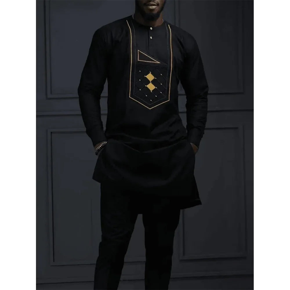 Amay New Kaunda Men's Set Fashionable and Elegant Men's Wedding Set Round Neck Long Sleeve Embroidered Men's Full Set Suit