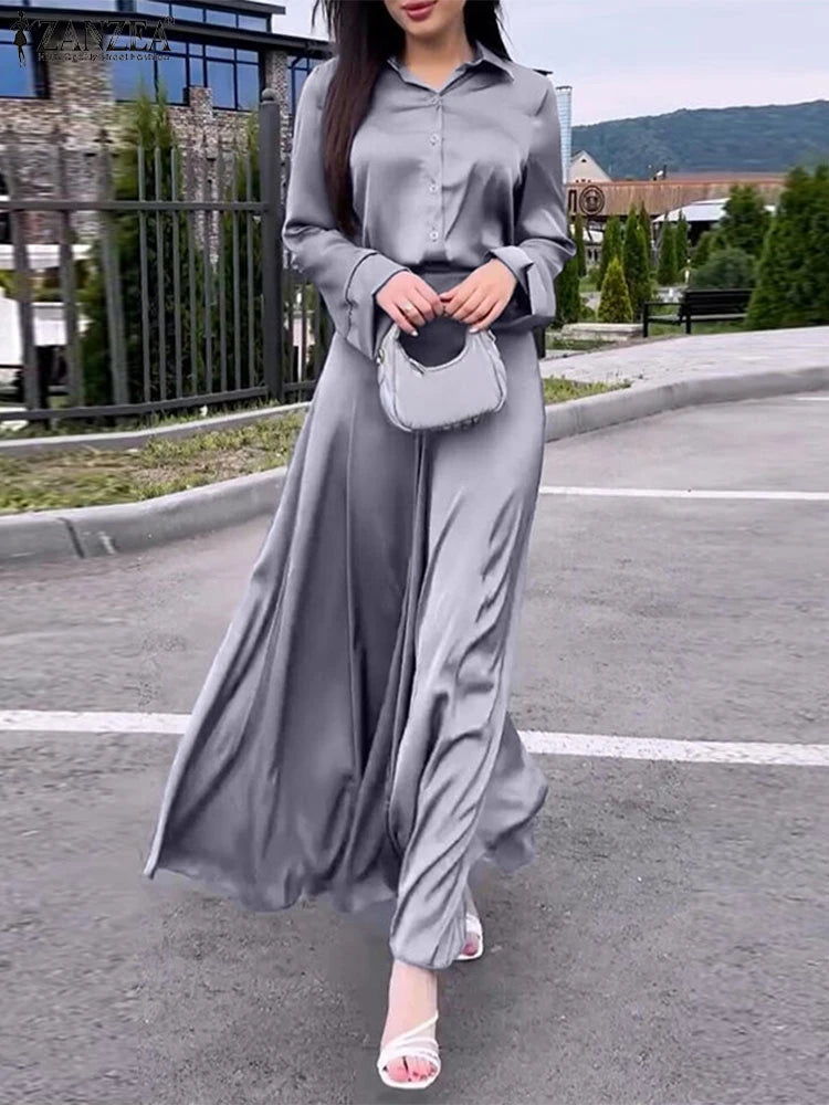 Maxy ZANZEA Vintage Satin Silk Dress Suit Fashion Solid Shirt Outfits Swing Skirt Sets Casual Loose Buttons Holiday Office 2pcs Sets