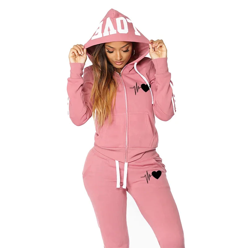 Maxy Heart Print Hoodie Sweatpants 2 Piece Set Autumn Winter Woman Daily Casual Sporty Jogger Outfit Ladies Sexy Slim Fit Tracksuit