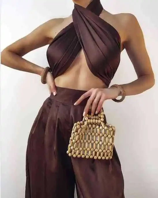 Maxy Sexy Satin Women Two Piece Set Summer Halter Tank Top and High Waist Wide Leg Pants Matching Sets Vintage Party Club Outfits