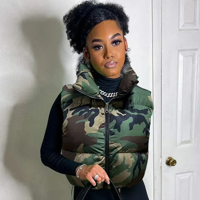 Maxy Street Women Camouflage Zipper Puffer Jacket Hollow Out Sleeve Camo Bubble Coats Stand Collar Collect Waist Parkas Down Jacket