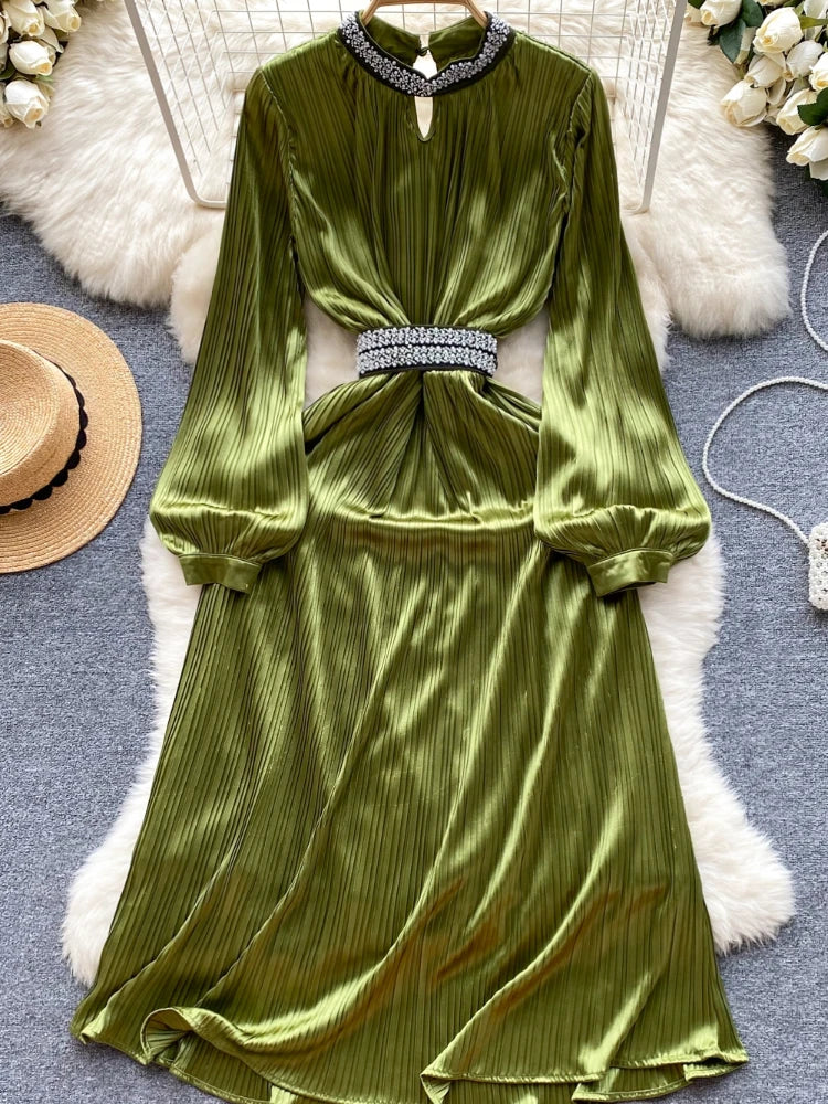 Maxy New Casual Spring Autumn Solid Slim Full Lady Dress A Line O Neck Chiffon Pullover Mid-Calf Women Dresses