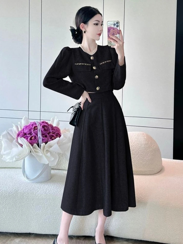 Maxy Korean Fashion Long Dress Set Women Vintage Elegant Office Lady Chic Skirt Sets Female Spring Casual Slim Evening Party Sets