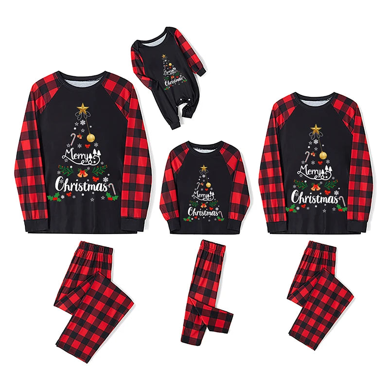 Maxy Christmas Family Pajamas Matching Set Long Sleeve Letter Print T-shirt+Elastic Waist Plaid Pants Sleepwear Loungewear