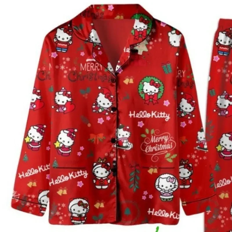 Sanrio Christmas Hello Kitty Casual Pajama Girls Y2k Home Pajamas Set Kawaii Women'S Printed Kt Cat Pants Long Sleeve Gift