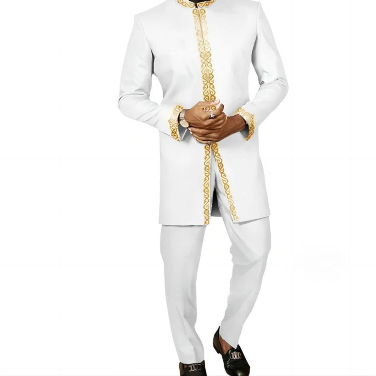 Amay New Kaunda Men's Set Fashionable and Elegant Men's Wedding Set Round Neck Long Sleeve Embroidered Men's Full Set Suit