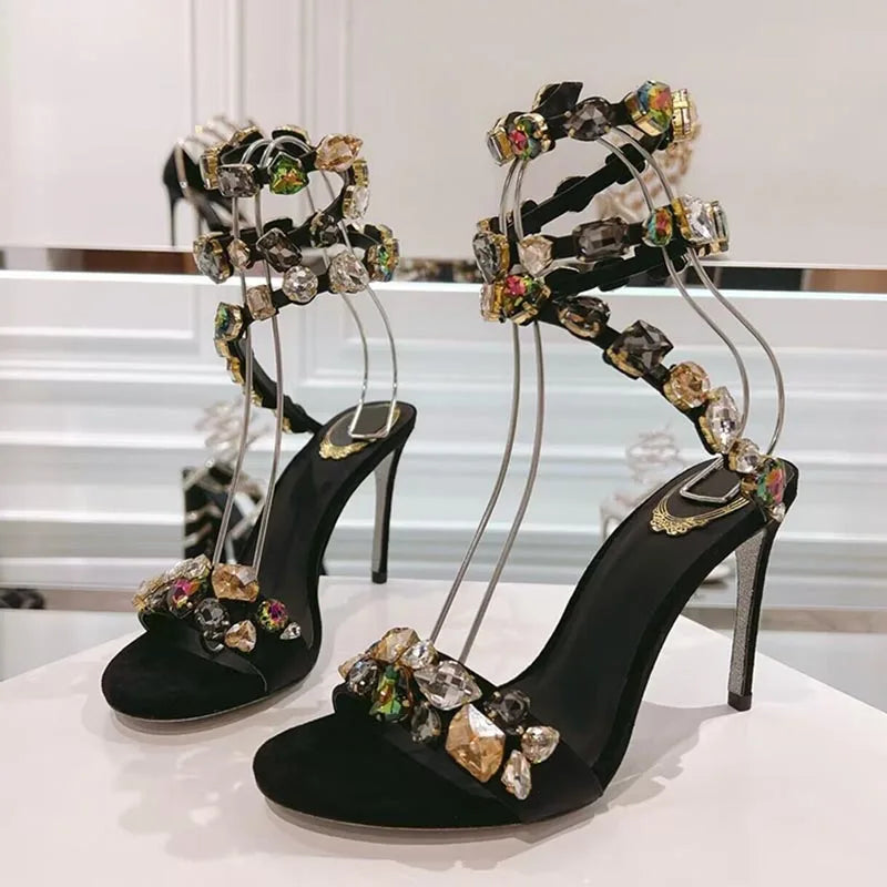 Maxy Dress Shoes Rhinestone Decor Elastic Strap Thin High Heels Sandas Women Snake Shaped Entanglement Sandals Summer Party Shoes