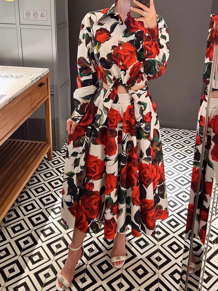 Maxy Two-piece retro printed strappy cinched straight shirt set for autumn women's wear + high-waisted pleated loose skirt set