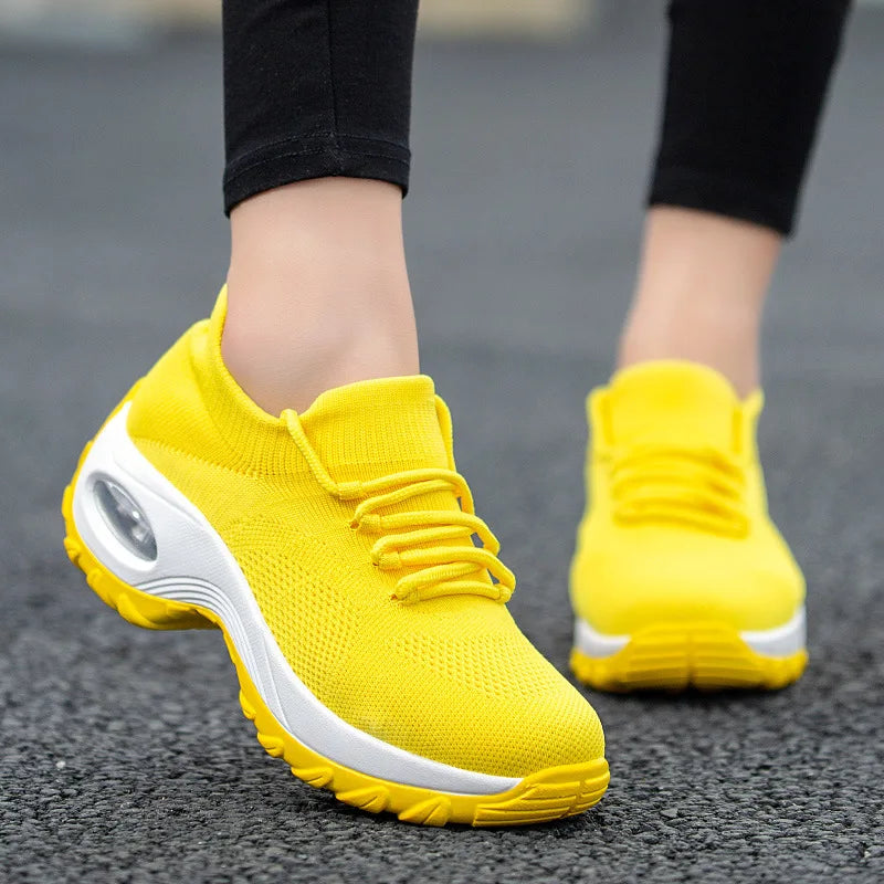 Babs Women Casual Shoes Yellow Walk Shoes Arch Support Casual Sneakers Air Cushion Sport Running Shoes Breathable Autumn Sock Sneaker